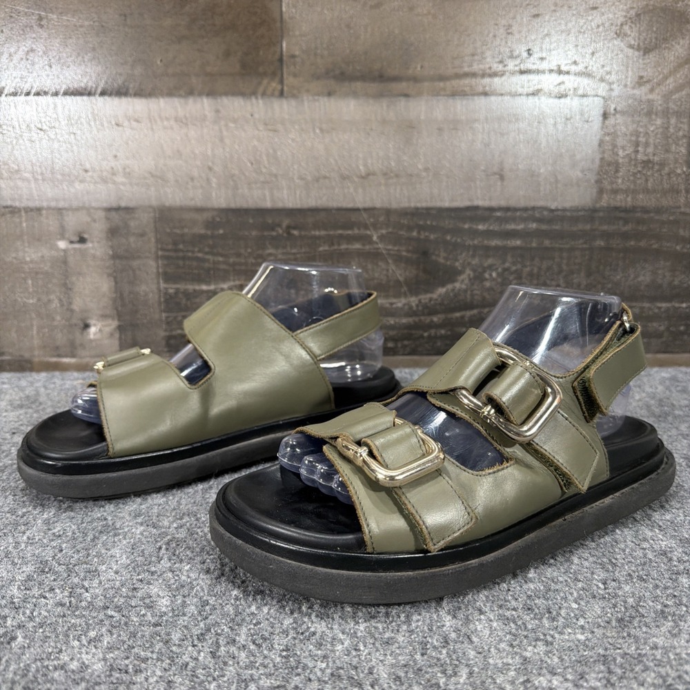 ALOHAS Harper Flat Sandals Olive Green Leather Chunky Gold Buckle EU 38 US 7 7.5